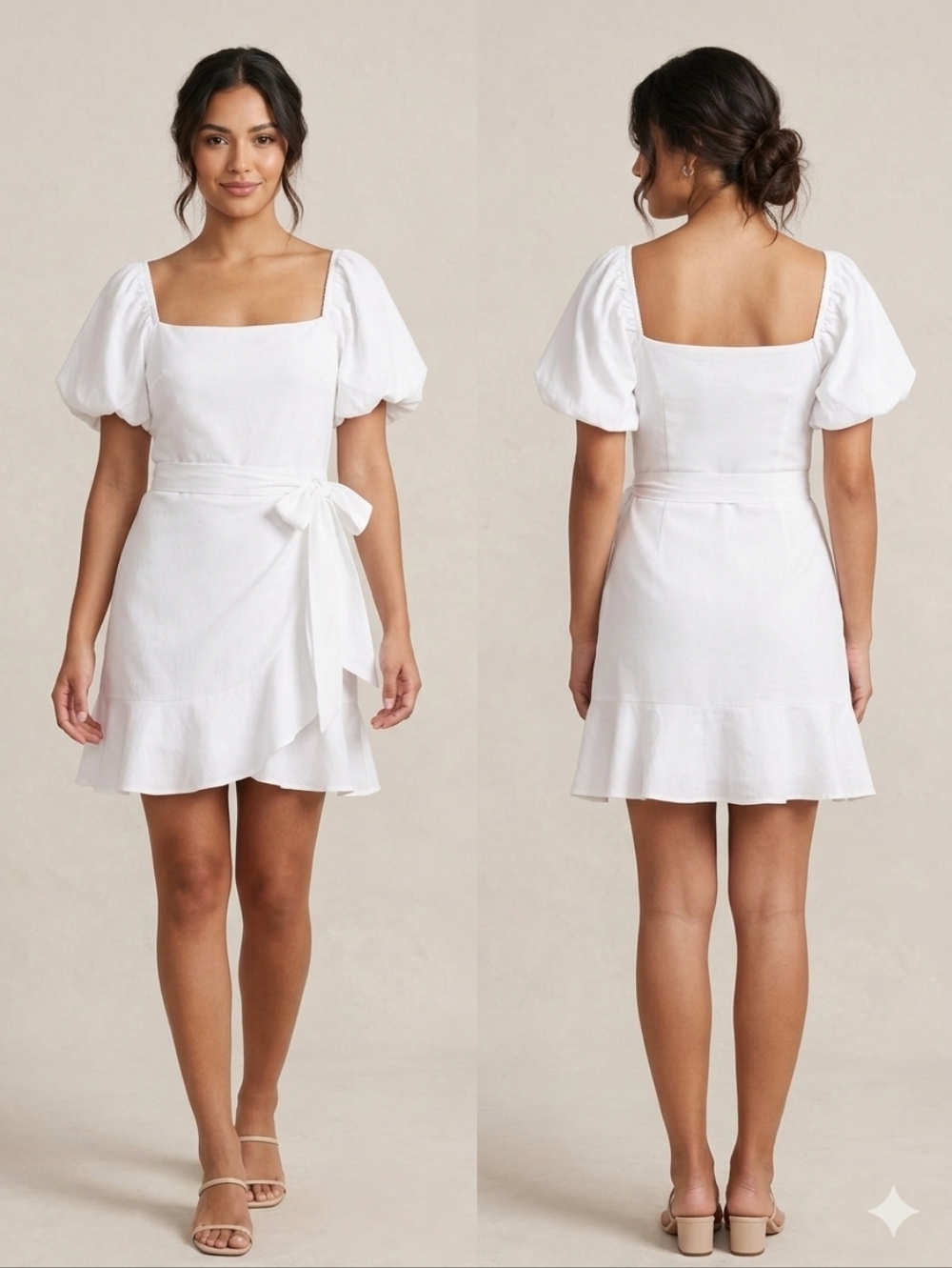 Square-Neck Puff Sleeve Wrap Mini Dress in White
